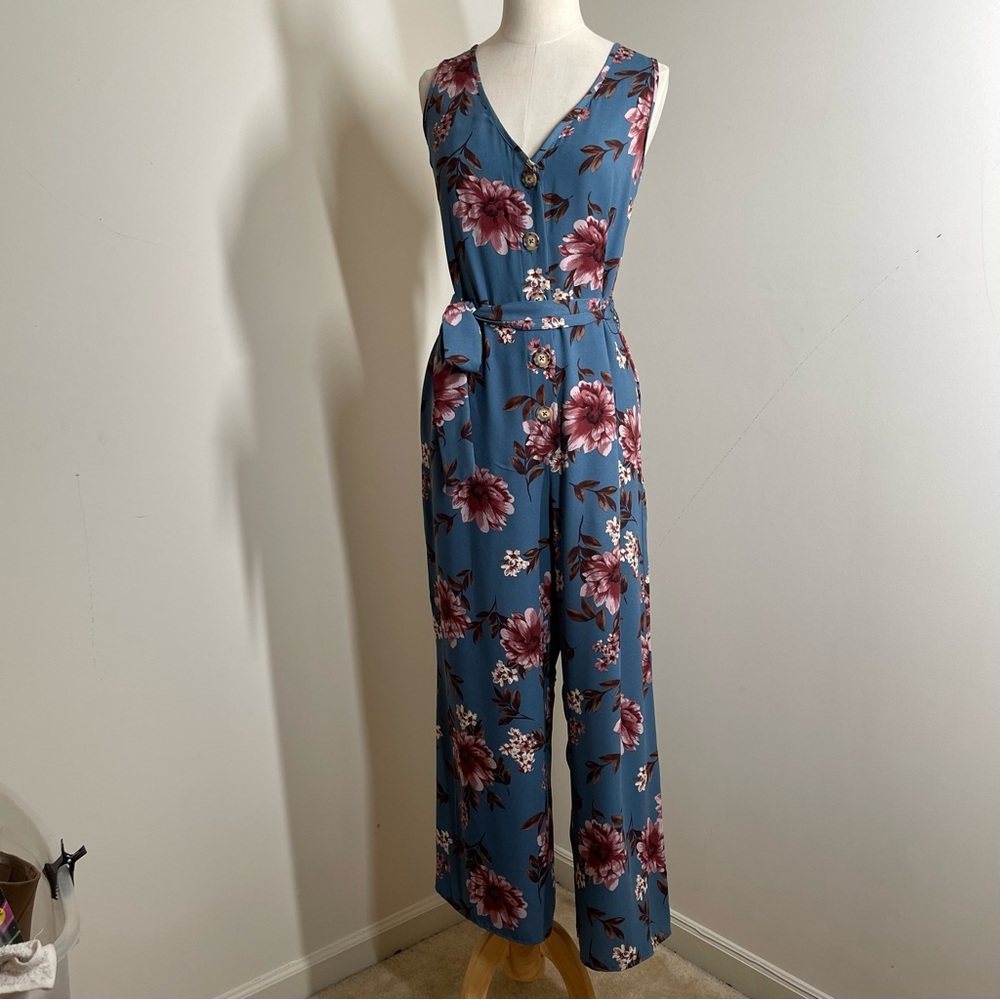 Xhilaration Womens Dk.Teal Floral Print Button Front- SZ S - Sleeveless Jumpsuit